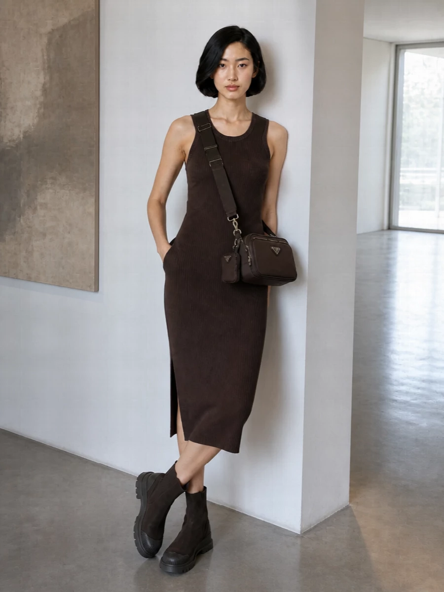 Anchoring the outfit with the Loewe ribbed chocolate midi rather than separates keeps the story clean and lets the Prada cross-body and hardware-strapped shoulders quietly nod to utility. The Aquazzura espresso lug boots deepen the brown tonal play and give the knit just enough edge, so the whole ensemble reads polished, practical and city-ready for colder months. It is a neutral, body-hugging column with real walkability, ideal for days that run long but still call for quiet sophistication.