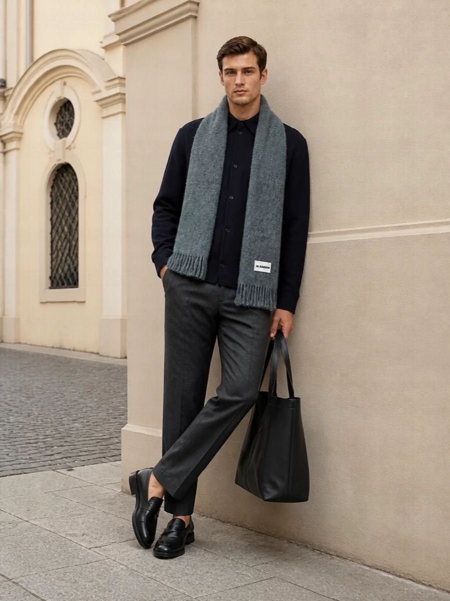 Deep navy tailoring sits against high-waisted charcoal wool for a precise, almost architectural take on everyday dressing. Black leather loafers and a vast, unbranded tote keep the mood quietly composed and functional. A slate-grey scarf adds just enough softness and color to keep the uniform feeling human rather than severe.