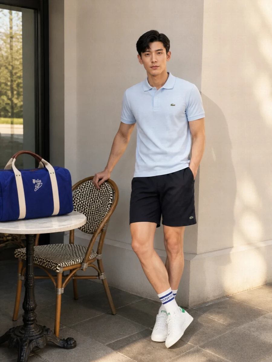 Lacoste polo navy shorts adidas sneakers