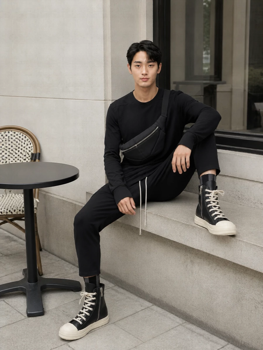A long black Rick tee drops over cropped black drawstring trousers for a clean, monastic take on streetwear. The high-top sneakers echo the exaggerated proportions, while the belt bag and tabi socks keep the mood technical and quietly subversive. Head-to-toe black with just a flash of cream in the laces and soles keeps everything graphic rather than heavy.