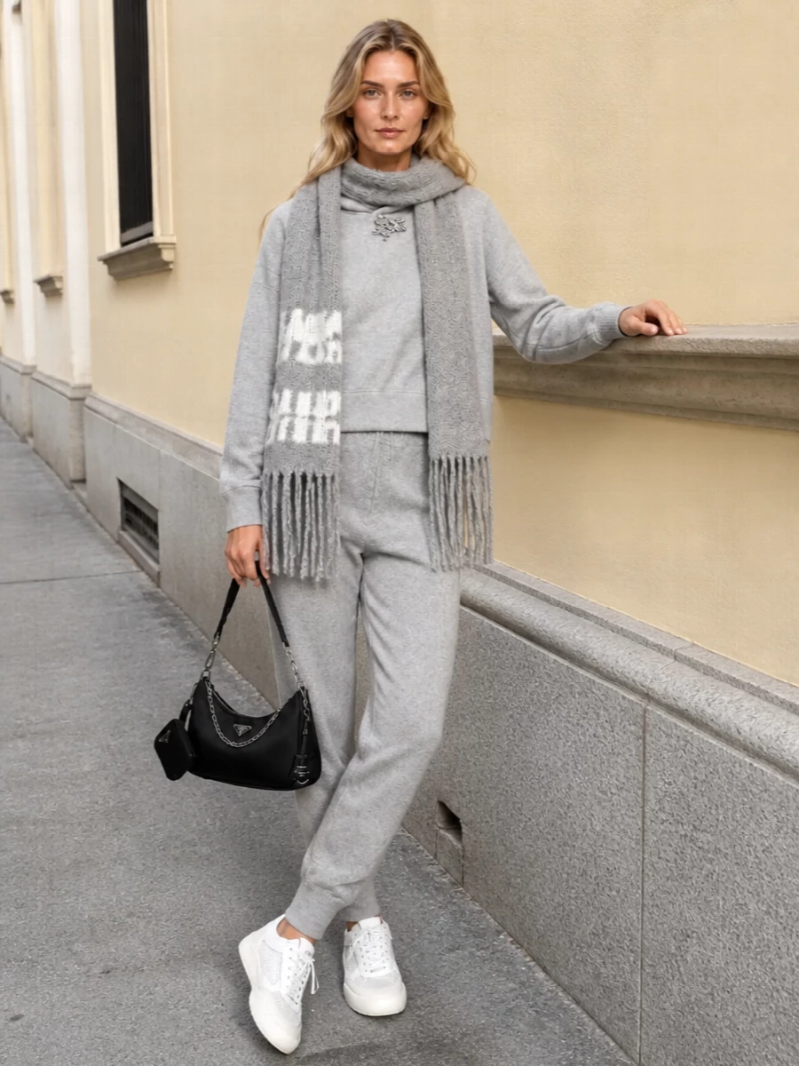 Prada grey hoodie knit joggers white sneakers