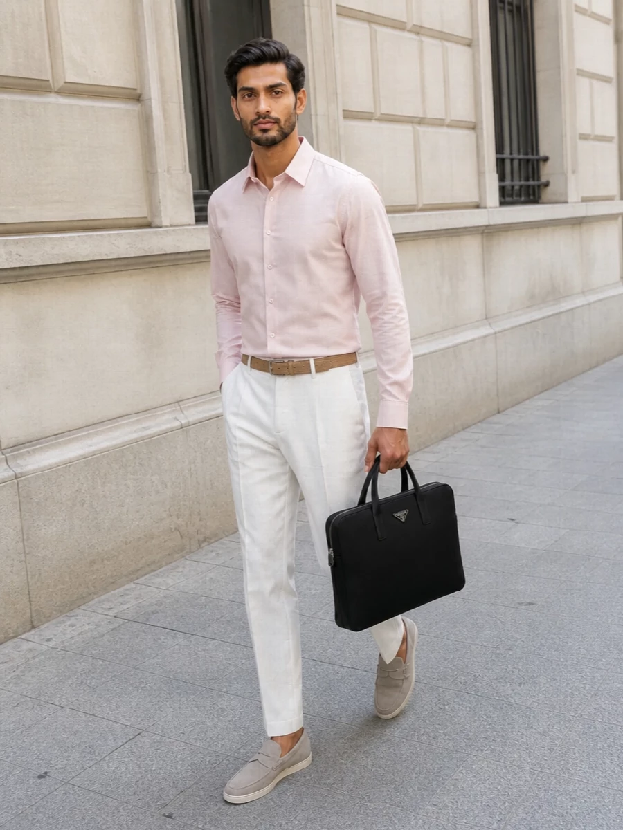 Prada summer office outfit blush shirt ivory trousers