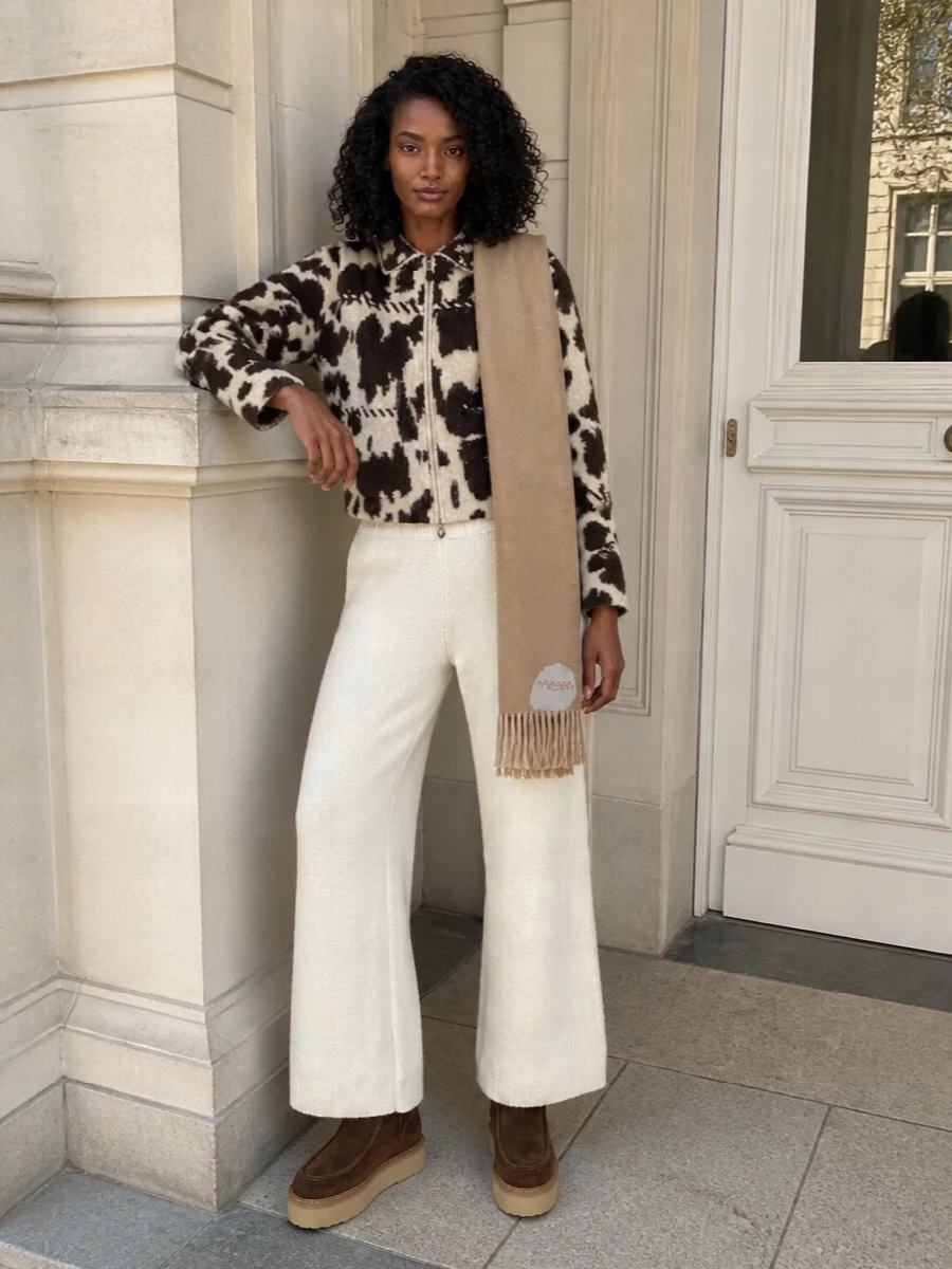 Cow print cardigan ivory knit pants outfit