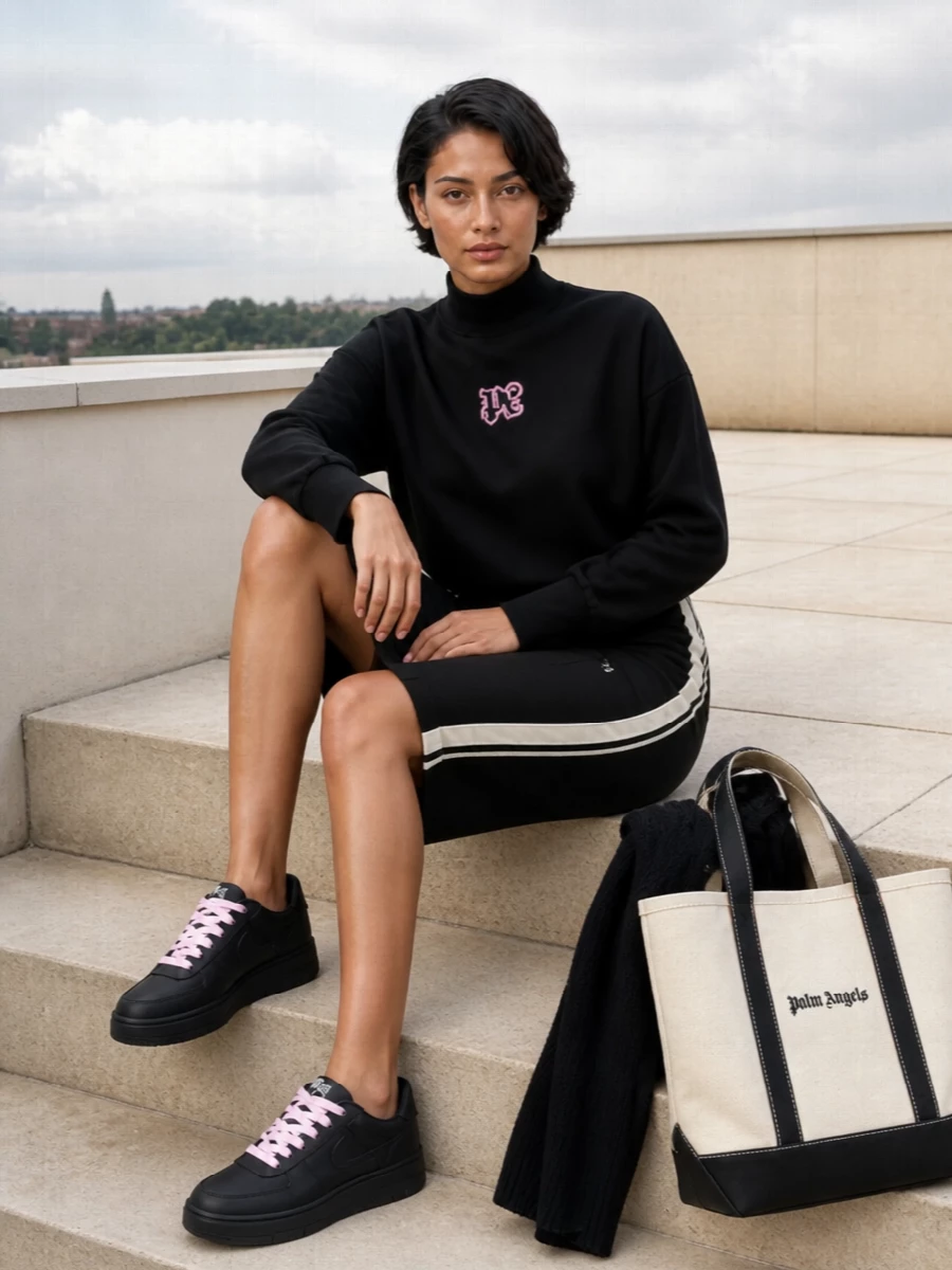Palm angels black mock neck track skirt outfit