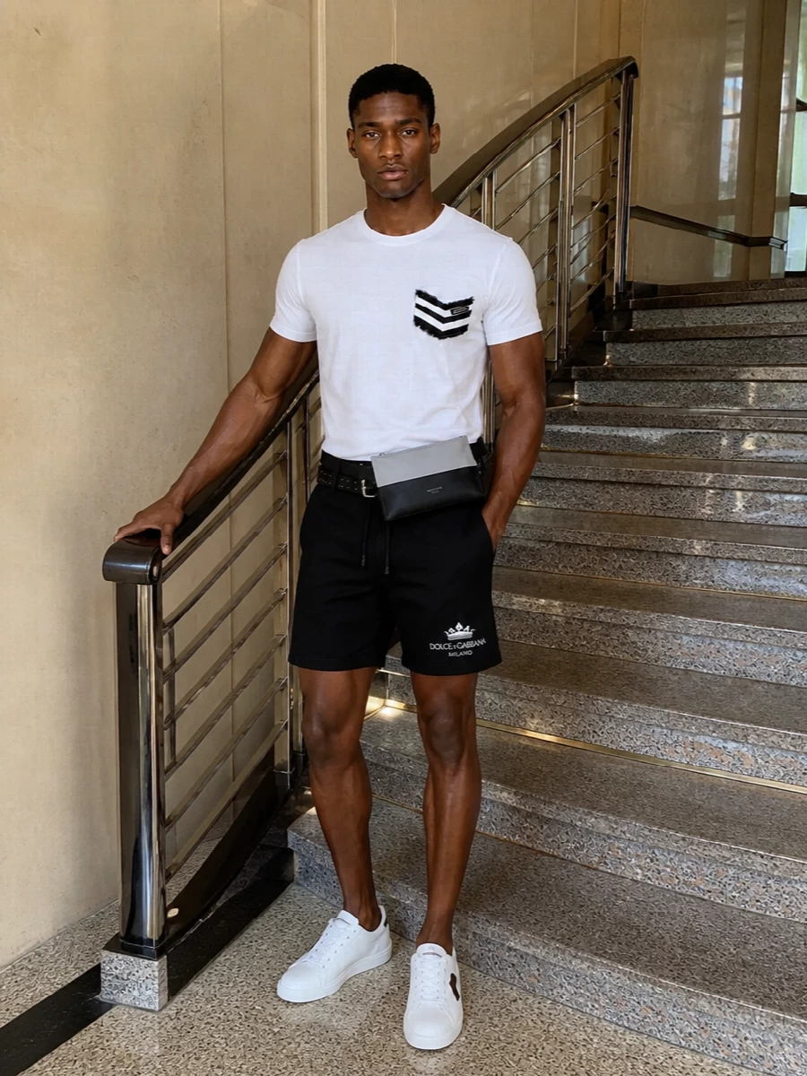Dolce gabbana white tee black deck shorts outfit