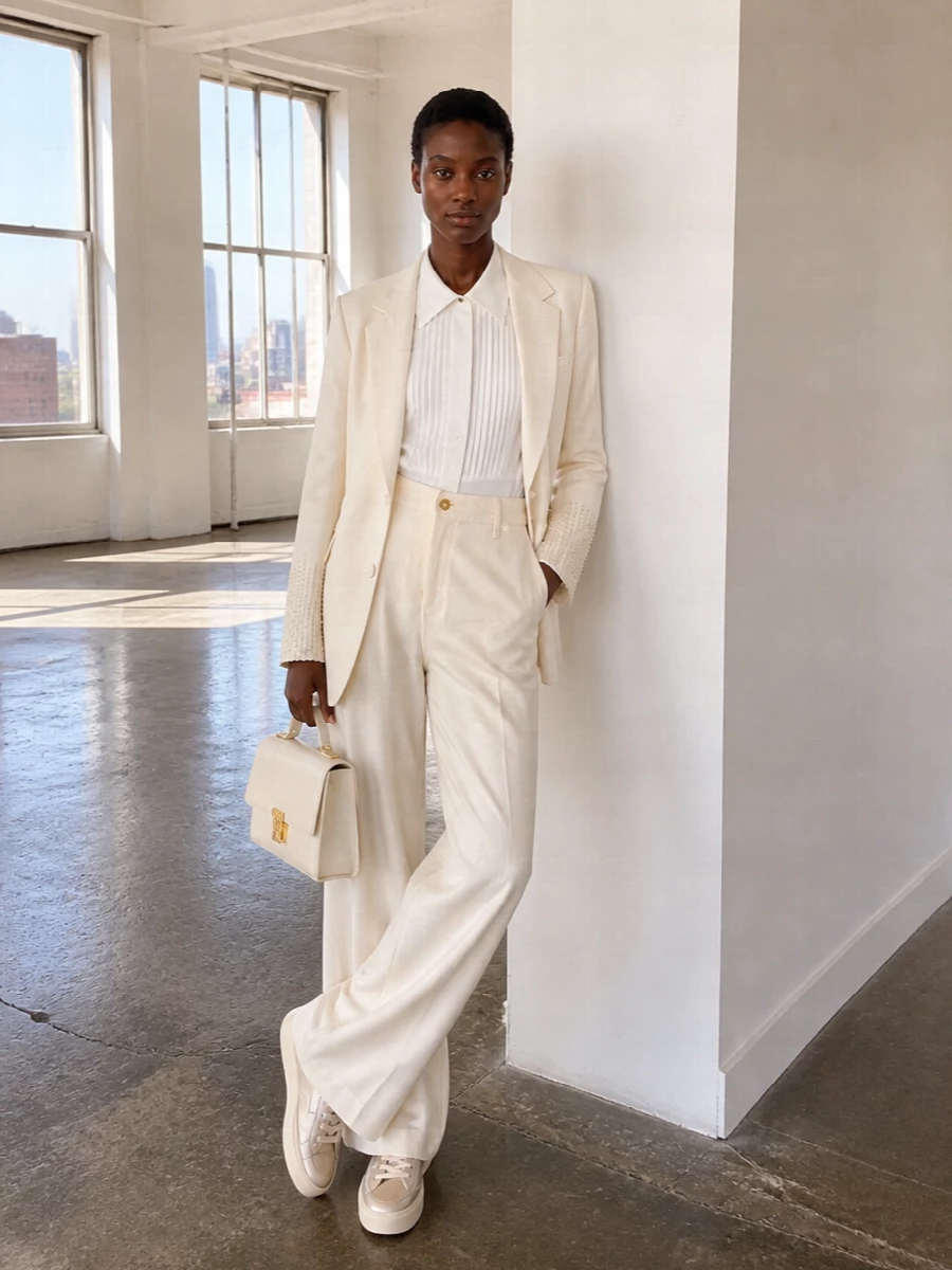 Golden goose ivory blazer wide leg trousers outfit