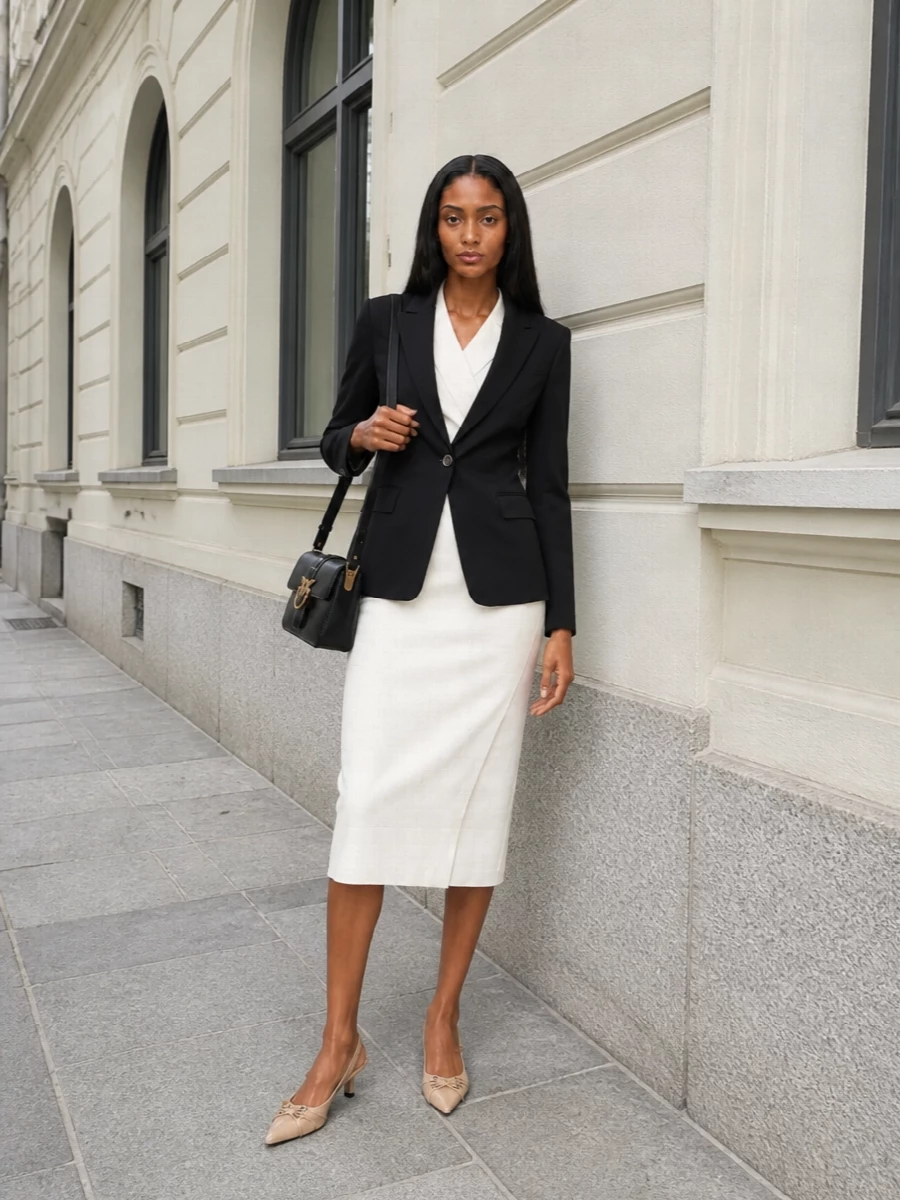 Pinko black blazer ivory midi dress outfit