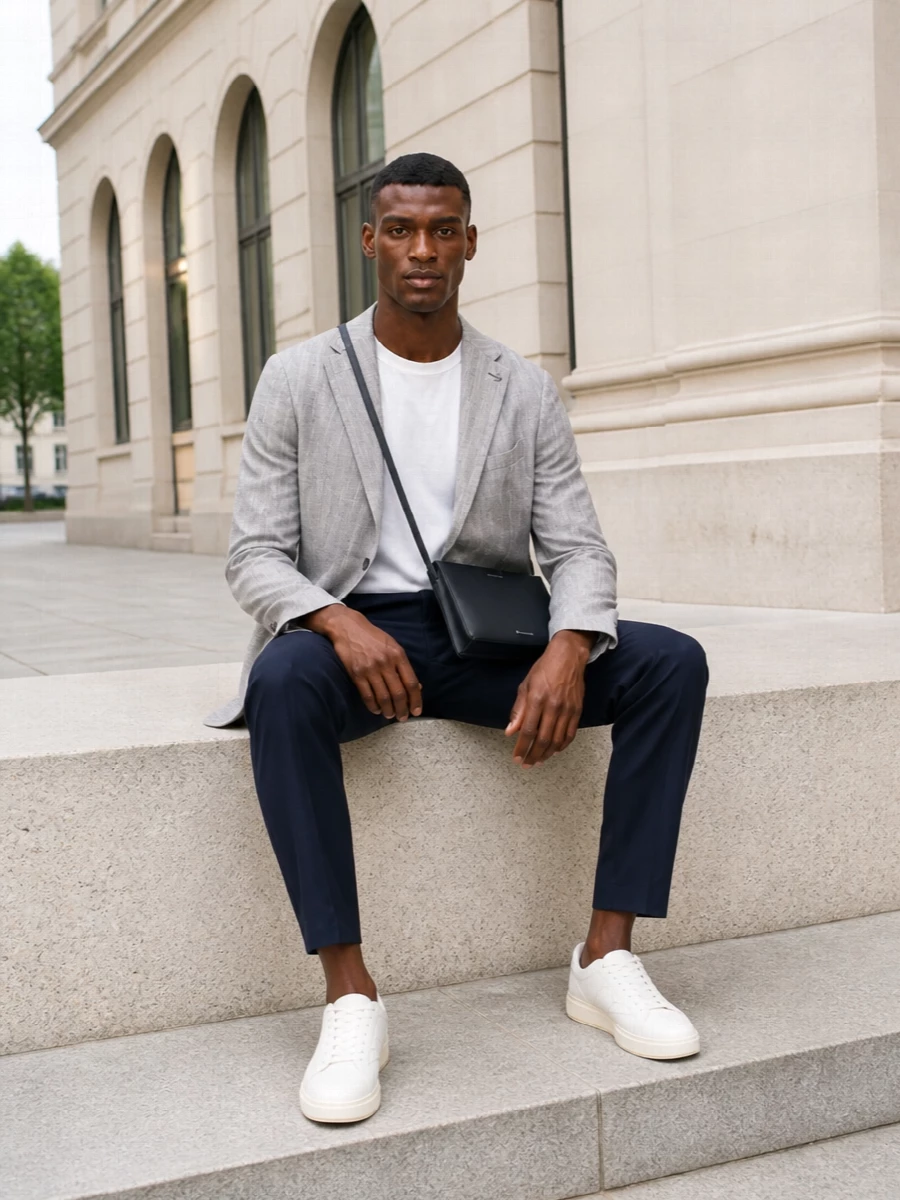 Tagliatore blazer navy trousers white sneakers