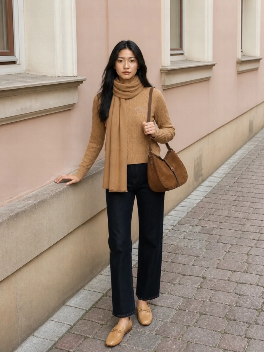 A camel cable-knit paired with dark indigo straight denim creates a quietly refined city uniform that feels both relaxed and considered. Sleek camel loafers and a cognac saddle bag keep the palette warm and cohesive, with subtle hardware adding just enough structure. A simple camel scarf finishes the outfit with soft texture and discreet polish for cooler days.