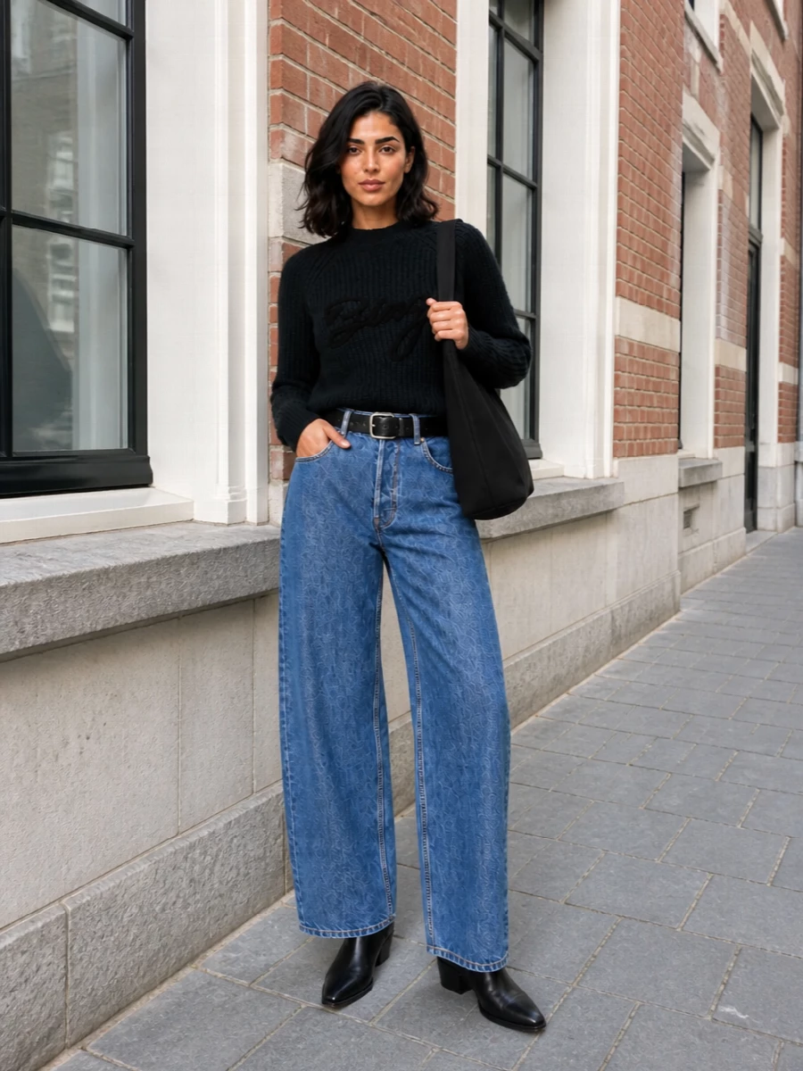Anine bing wide leg jeans charcoal knit boots