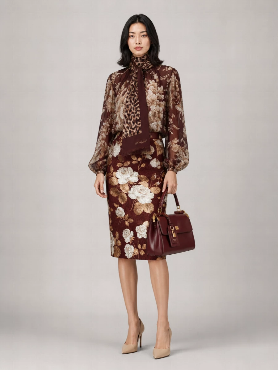 Dolce&Gabbana Floral-Print Silk Tie-Neck Blouse