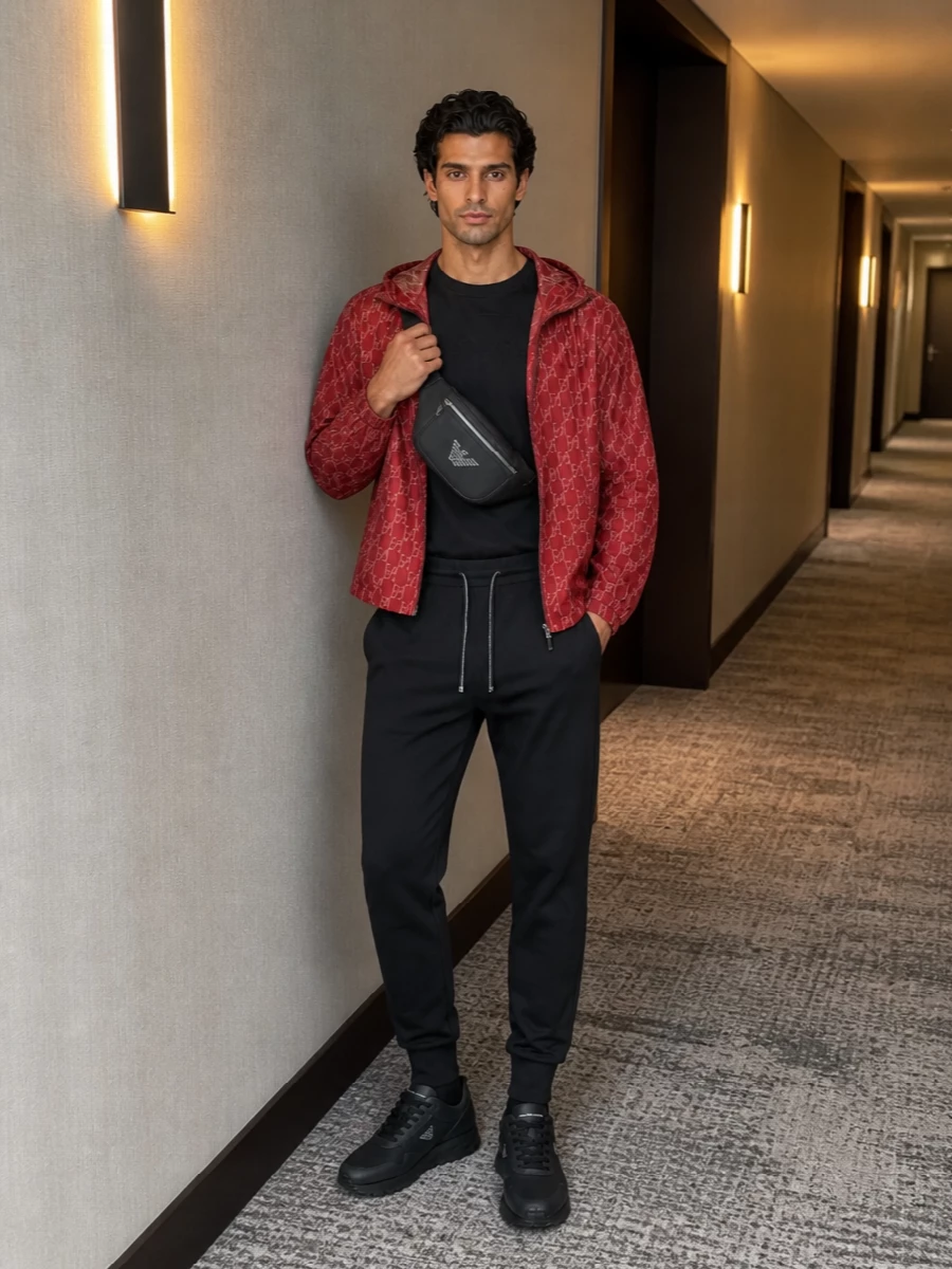 Emporio armani red monogram jacket streetwear outfit