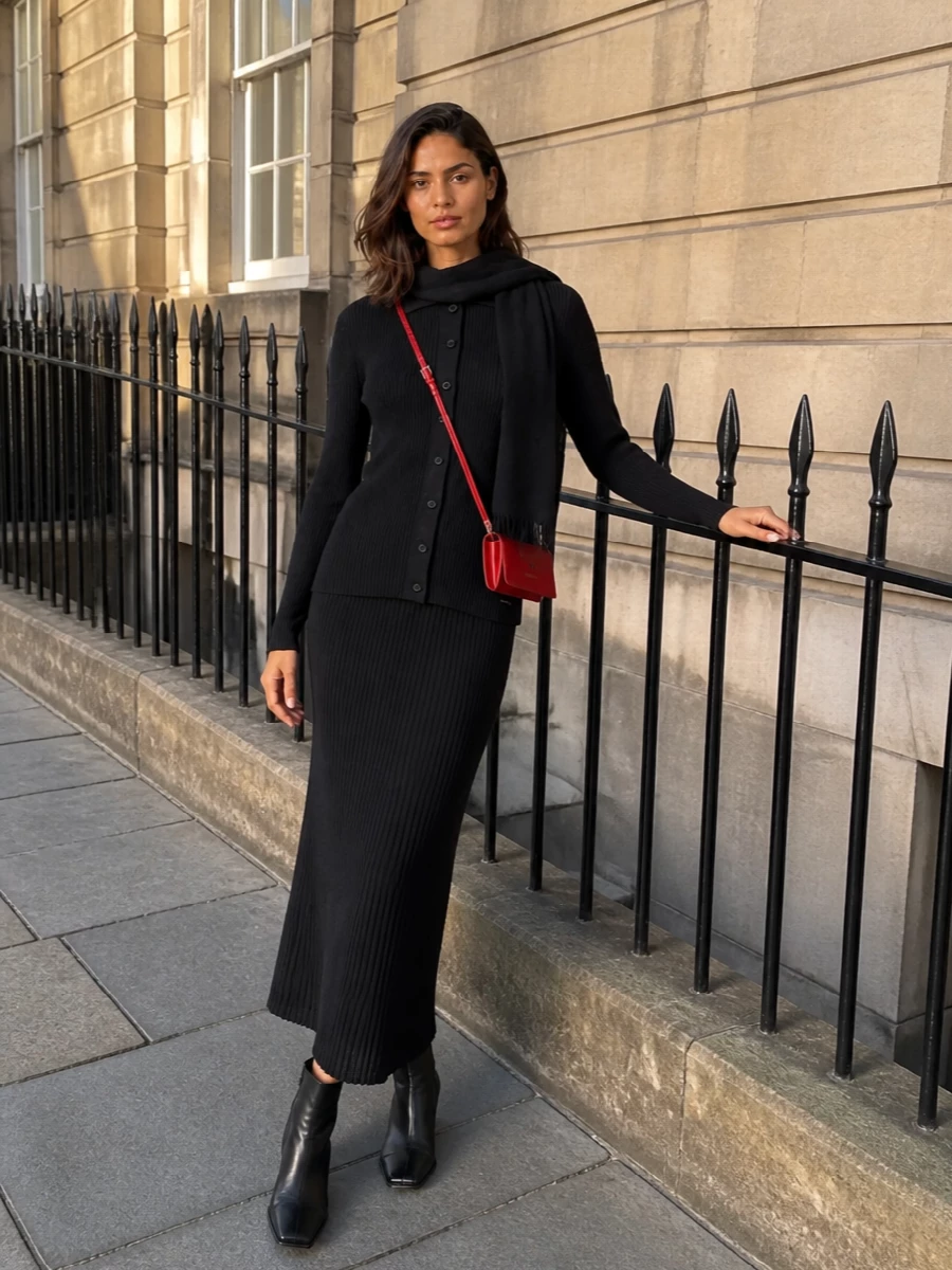 Kiton black ribbed knit outfit red mini bag