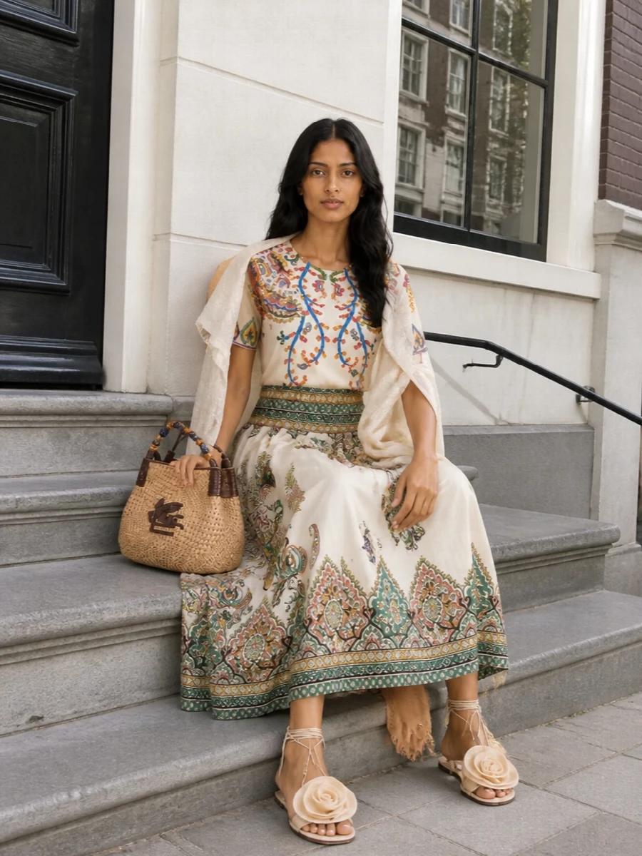 Head-to-toe Etro print on a buttercream base turns this into a modern folk set, the high-waisted pleated skirt mirroring the tee’s embroidery in color and rhythm. Barely-there floral sandals and a structured raffia hobo keep the mood romantic and sunlit while grounding all that pattern in warm neutrals. A whisper-light ivory stole finishes it with a soft, luminous layer rather than another shout of color.