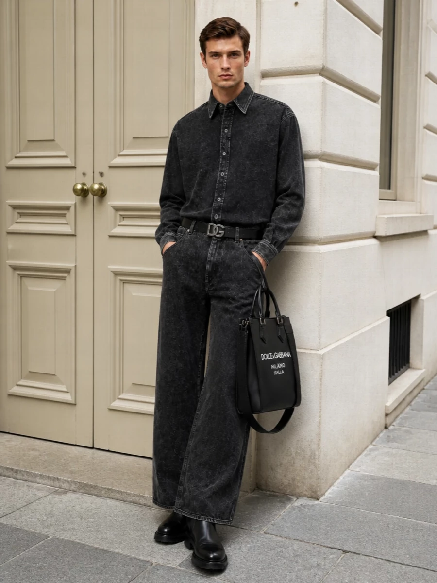 Dolce gabbana black denim shirt chelsea boots outfit