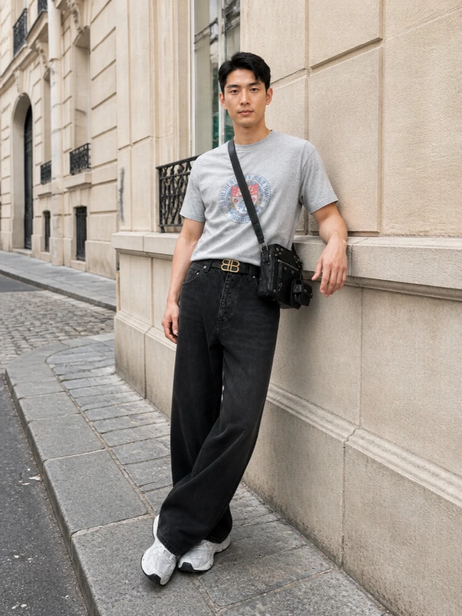 Balenciaga grey tee wide leg jeans runners