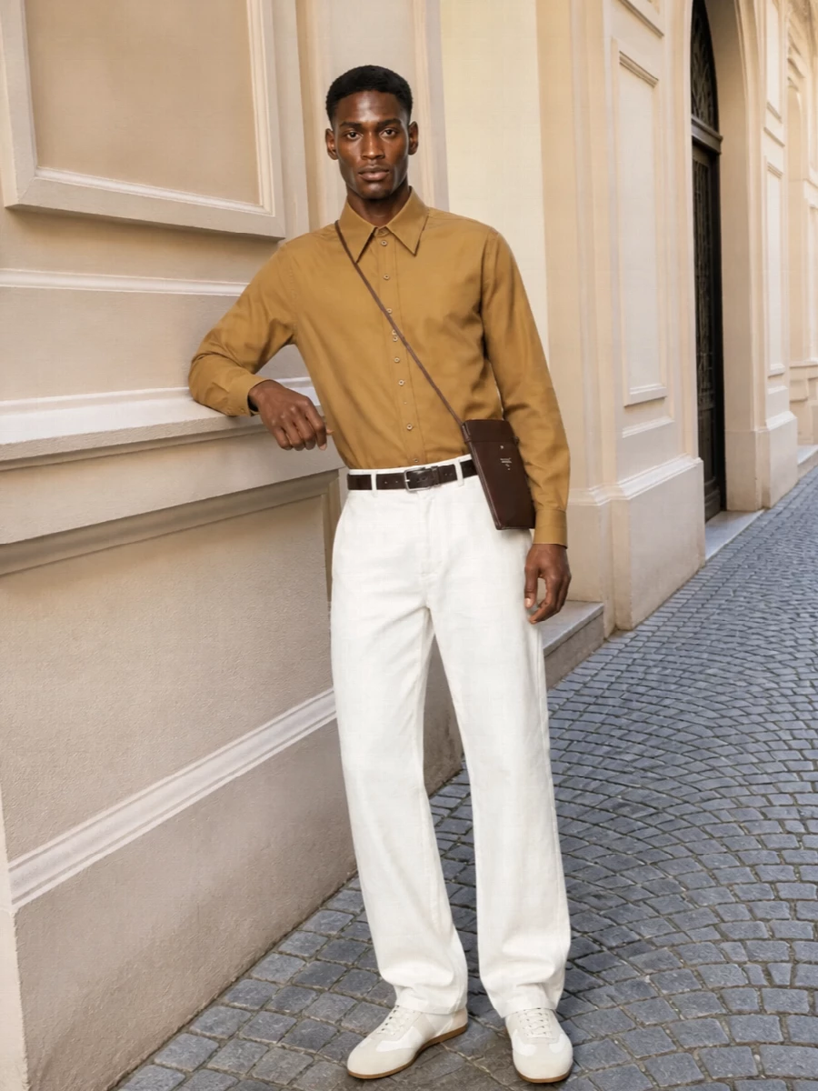 Lemaire camel shirt wide leg trousers outfit