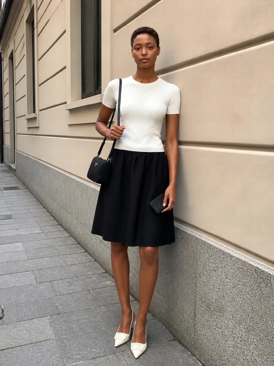I chose the dress route to keep the mood sharply minimal, letting one graphic, two-tone piece converse directly with the woven black cardholder. The Totême dress, cream Valentino slingbacks and a small black Prada shoulder bag create a focused black-and-ivory edit that feels quietly luxurious and formal without excess detail. The result is a gallery-dinner ensemble where proportion, texture and palette do the work instead of visible branding.