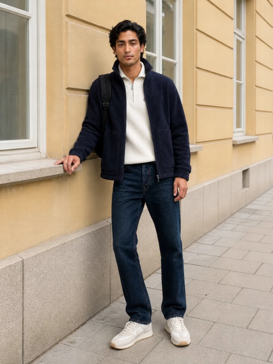 Moncler navy fleece off white half zip jeans