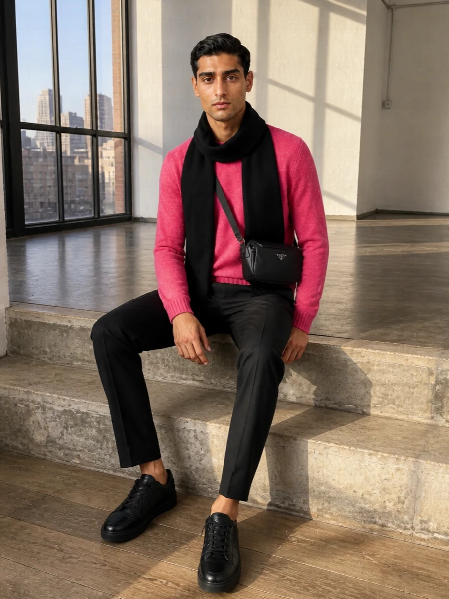 Prada pink sweater black trousers sneakers