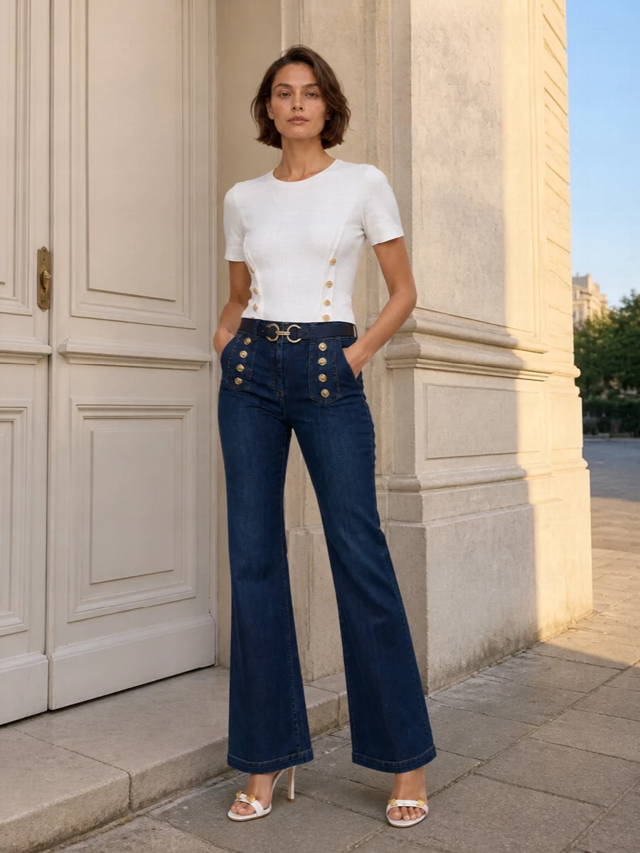A sharp nautical take on denim: high-rise sailor jeans paired with a sculpted white buttoned tee for a clean, tailored line. White stiletto sandals keep the leg long and feminine, while a structured navy canvas bag and a discreet navy-and-gold belt complete a polished, city-ready preppy ensemble. The palette stays tight to indigo, white and gold so the hardware feels intentional rather than decorative.