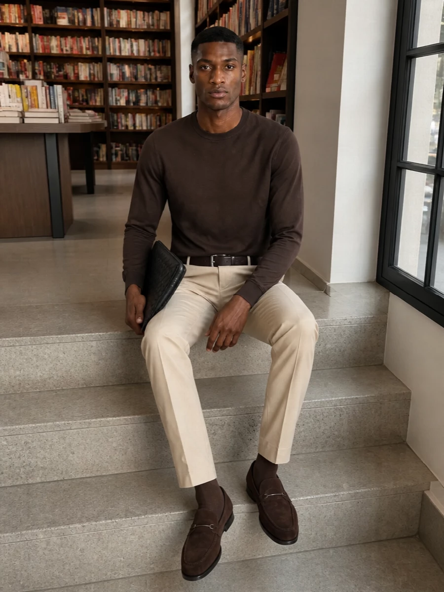 Pt torino beige chinos brown sweater loafers