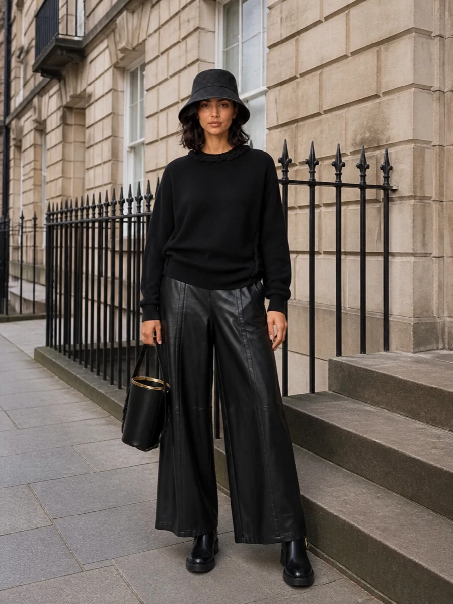 This is a monochrome, quiet-luxury city uniform built around the Gucci bucket hat’s stealthy attitude. I chose the knit-and-trouser route over a dress so the hat feels off-duty and modern rather than occasion-led, keeping everything grounded in black with subtle texture shifts. The longline Valentino sweatshirt, sharp Emporio Armani wide leg, Ferragamo Chelsea boots and Tod’s bucket bag work together as a relaxed but precise silhouette that moves easily from daytime errands to low-key dinners.
