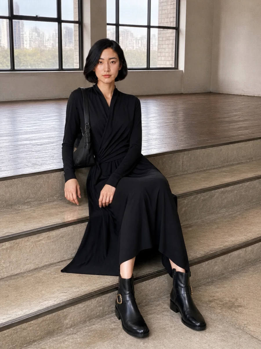 An all‑black Balenciaga wrap dress paired with structured Ferragamo ankle boots creates a long, clean line that mirrors the Prada hobo’s refined city energy. The choice of dress over separates keeps the mood focused and streamlined, with fluid drape balanced by the boots’ sculpted block heel and discreet gold detail. It is a quietly assertive outfit that moves easily from late afternoon meetings to dinner without losing its understated edge.