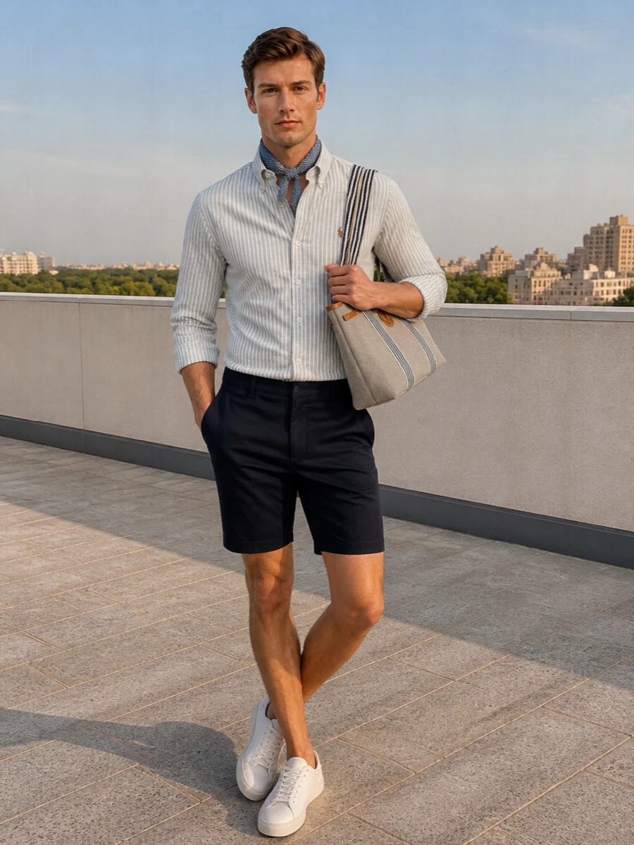 A grey-striped custom-fit shirt sits neatly over navy tailored shorts for a clean, coastal take on summer prep. Off-white leather sneakers keep the line modern and relaxed without losing polish. A structured canvas tote and a neat silk square finish the outfit with just enough Riviera attitude for city terraces or seaside lunches.