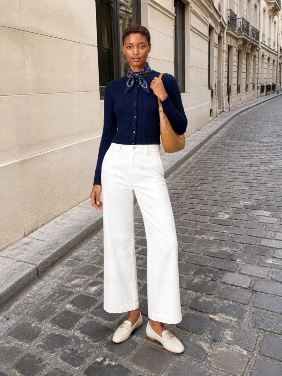 Ralph lauren navy cardigan ivory trousers outfit