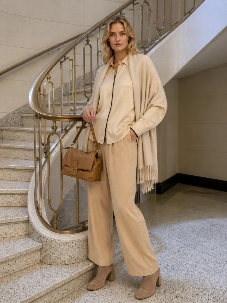 Forte forte satin shirt camel wide leg pants outfit