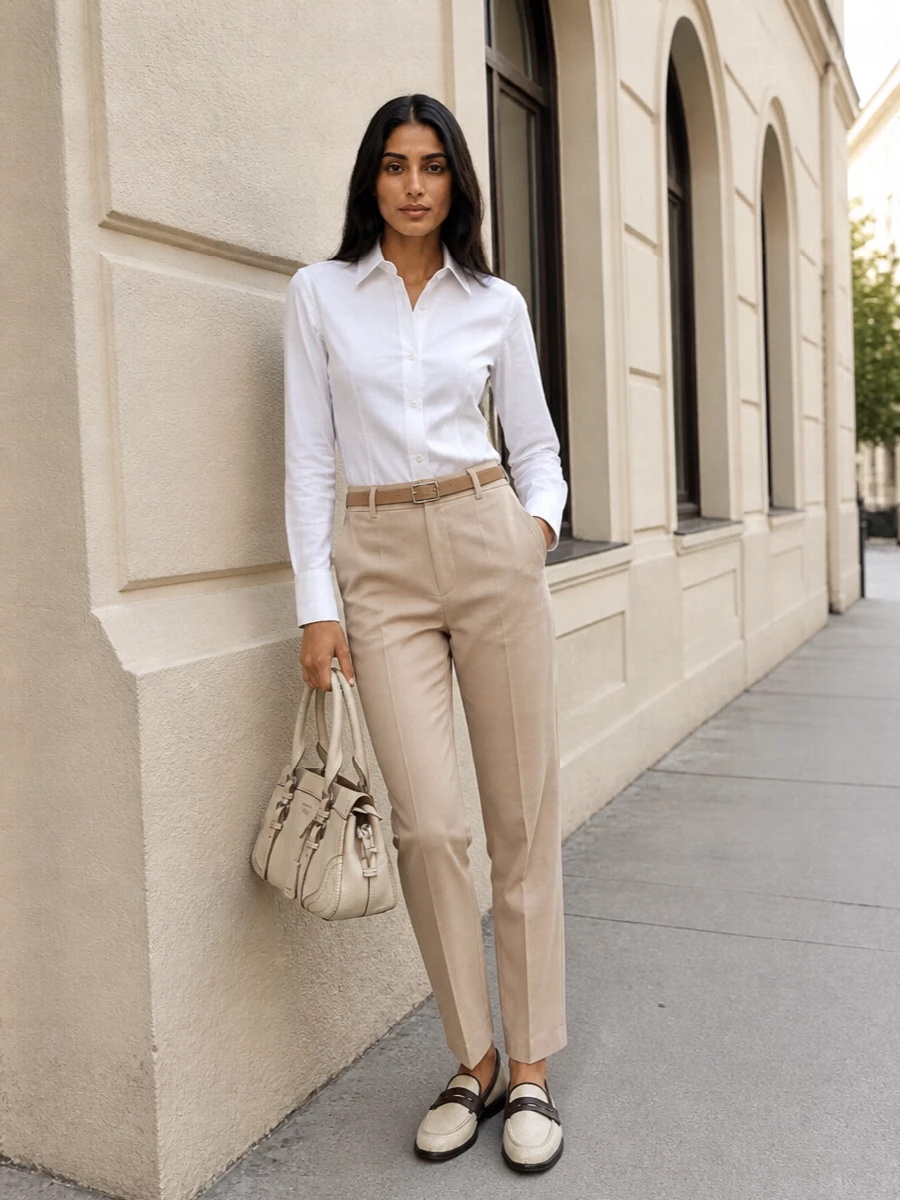 Brunello cucinelli white shirt beige trouser outfit