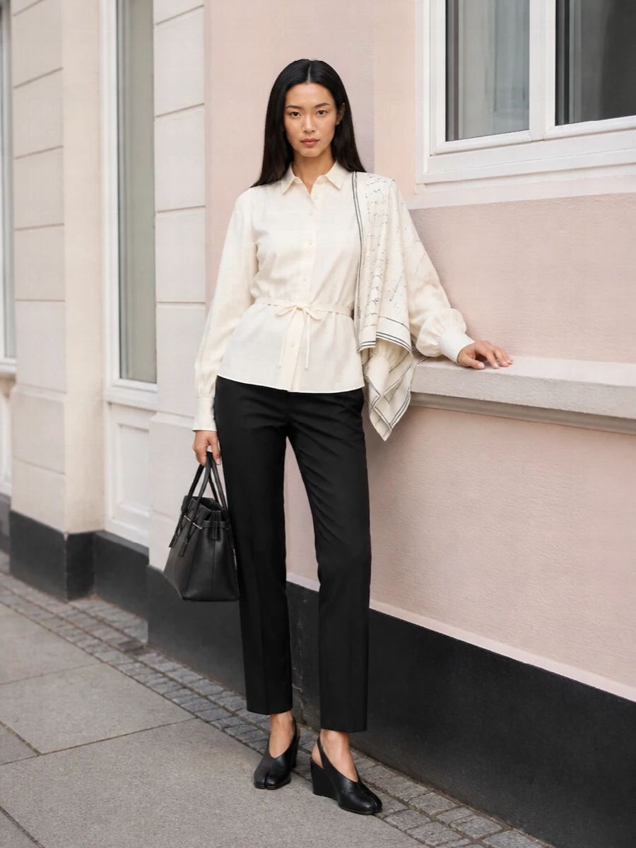 Maison margiela ivory shirt black tailored trousers