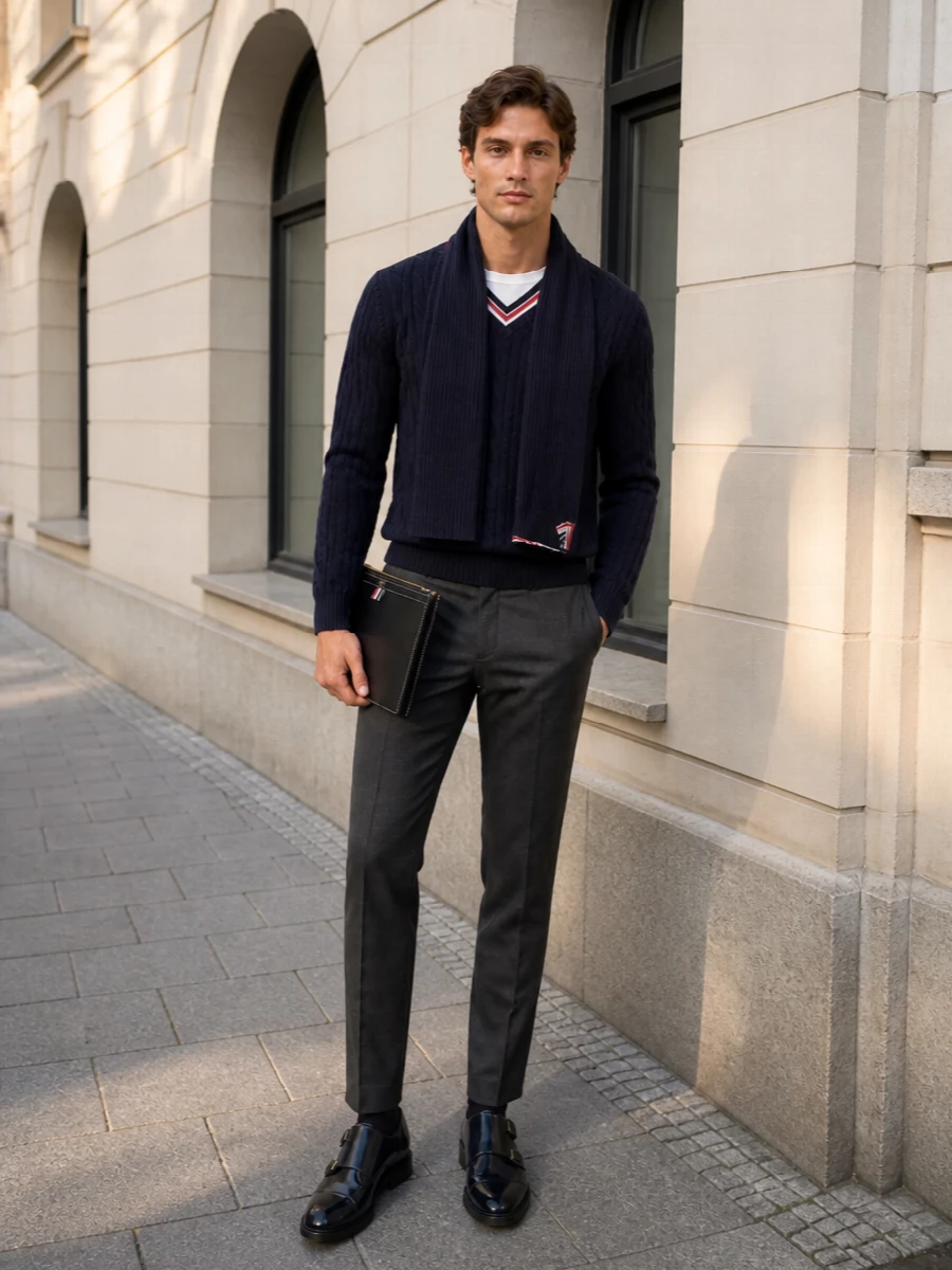Thom browne navy cable knit charcoal trousers