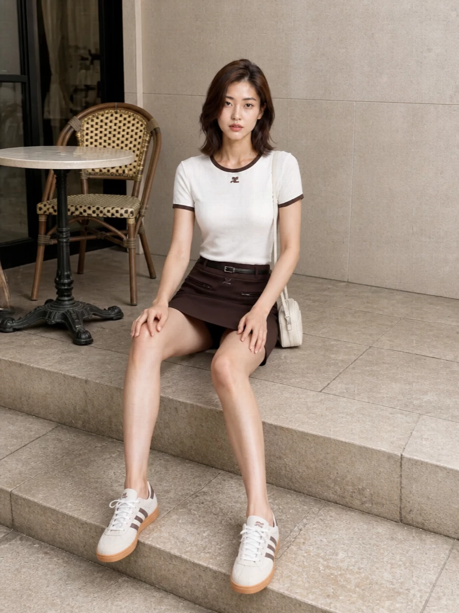 Courreges ringer tee brown a line skirt outfit