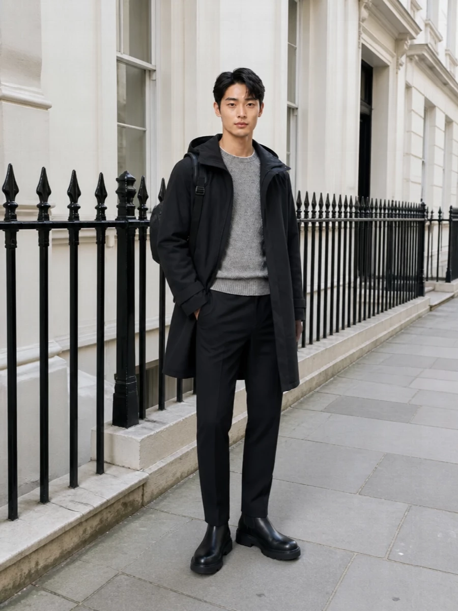 Herno black coat grey knit chelsea boots
