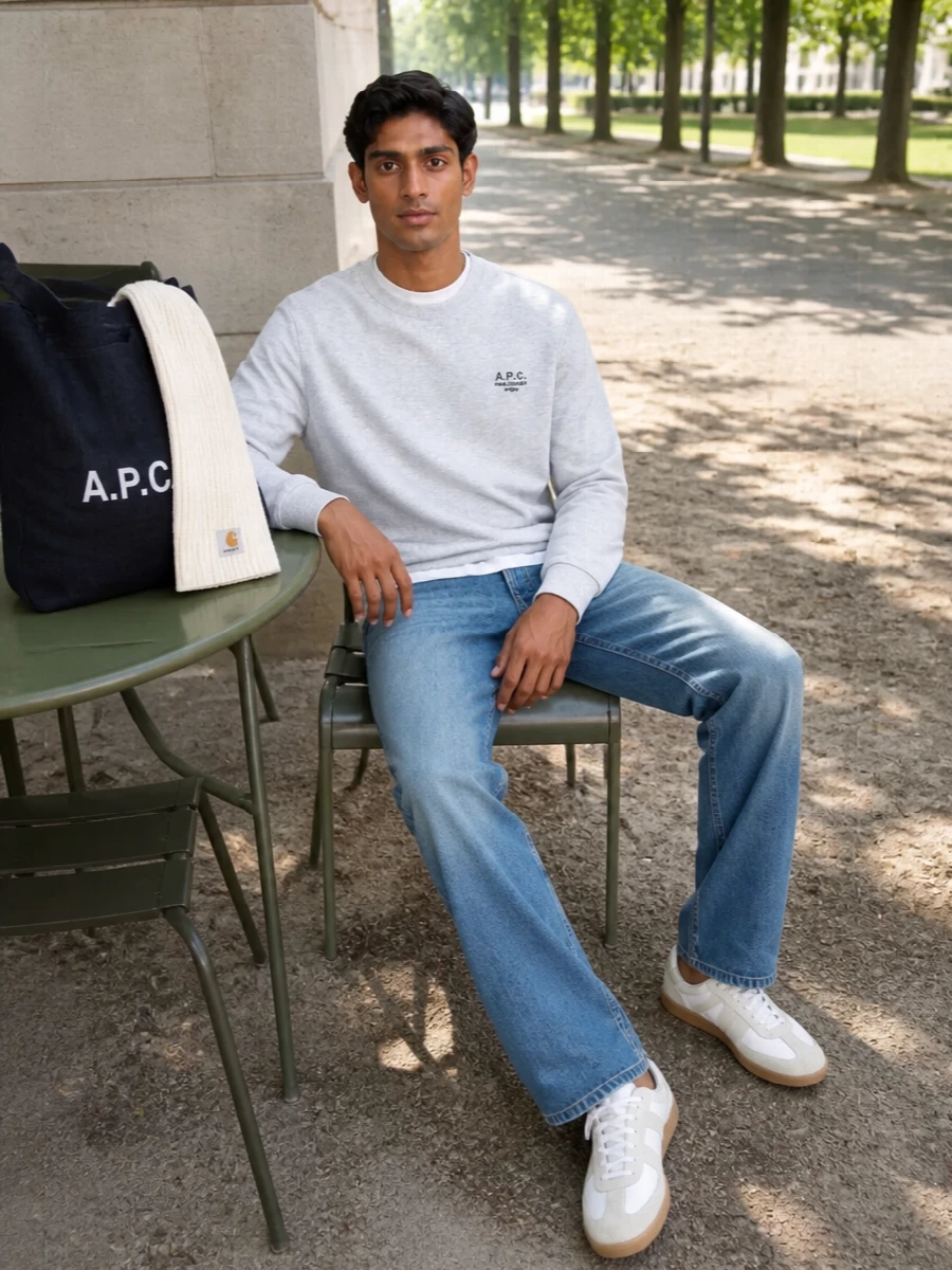 Apc sweatshirt mid blue jeans adidas sneakers