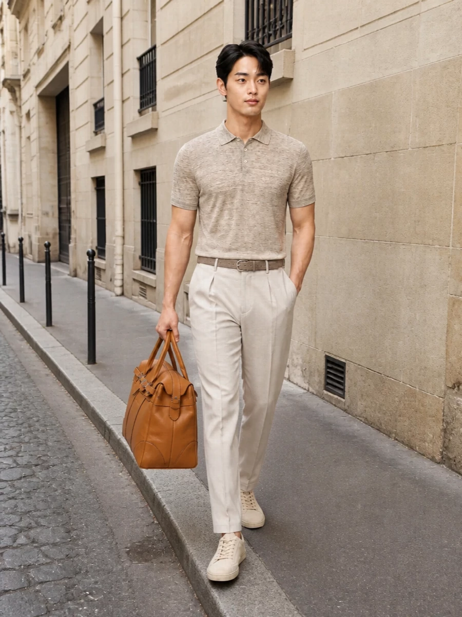 A heathered beige Brunello Cucinelli polo is paired with light stone pleated trousers for a softly tailored, tonal take on summer dressing. Sand suede low-top sneakers keep the silhouette clean and relaxed, while a cognac leather weekender and braided taupe suede belt introduce rich, understated texture for an effortlessly polished SS ensemble.