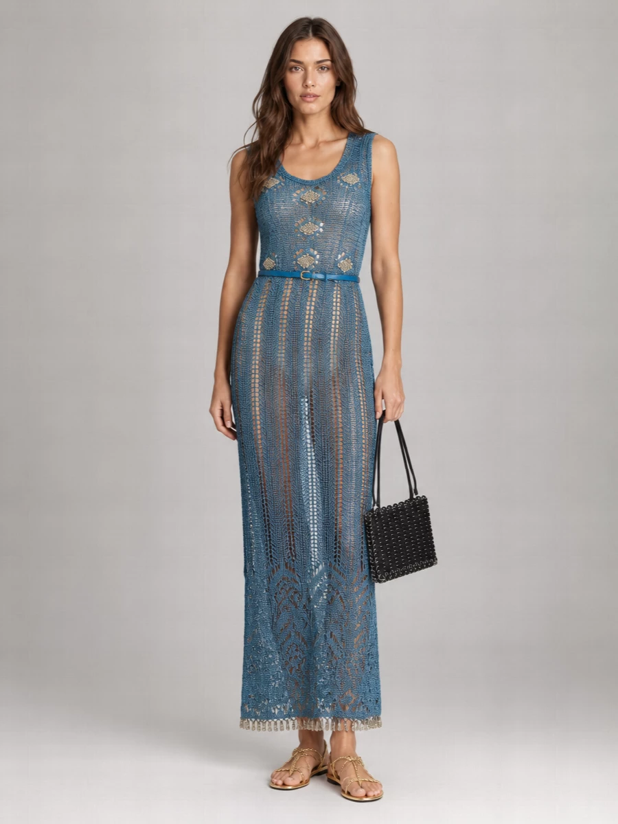 Paco Rabanne Crochet Sleeveless Fitted Midi Beach Dress