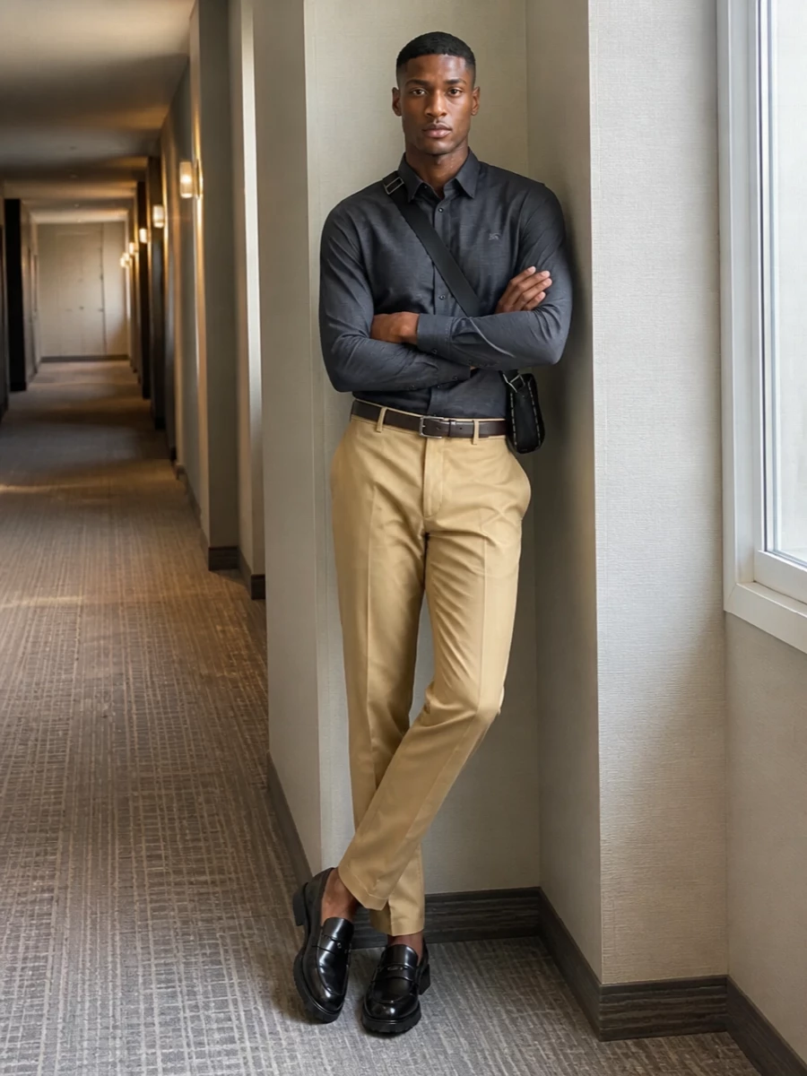 Burberry camel trousers charcoal shirt loafers
