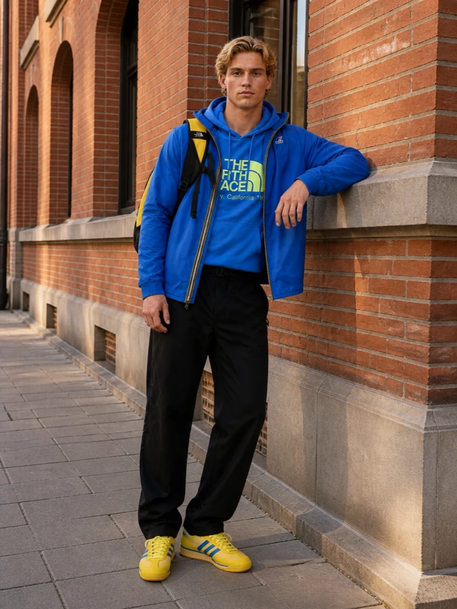 A fast, city-ready sport setup built around bold blue and keyed-in yellow accents. The technical pant keeps the silhouette streamlined while trail-style sneakers and a bright pack push it toward performance without losing street credibility.