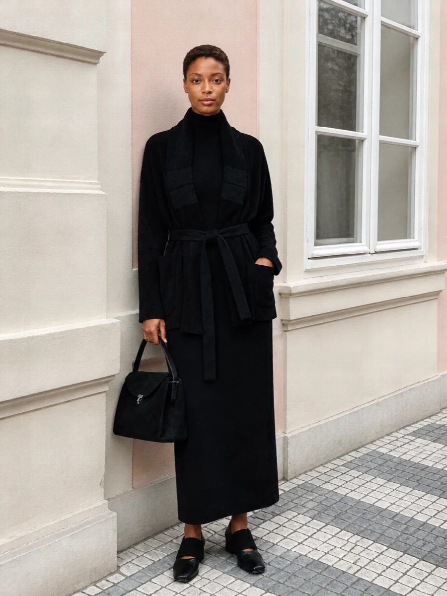 Uma wang black coat knit dress outfit