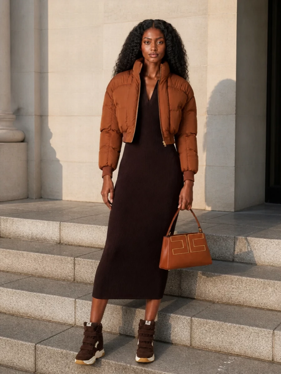 Elisabetta franchi brown knit dress bomber
