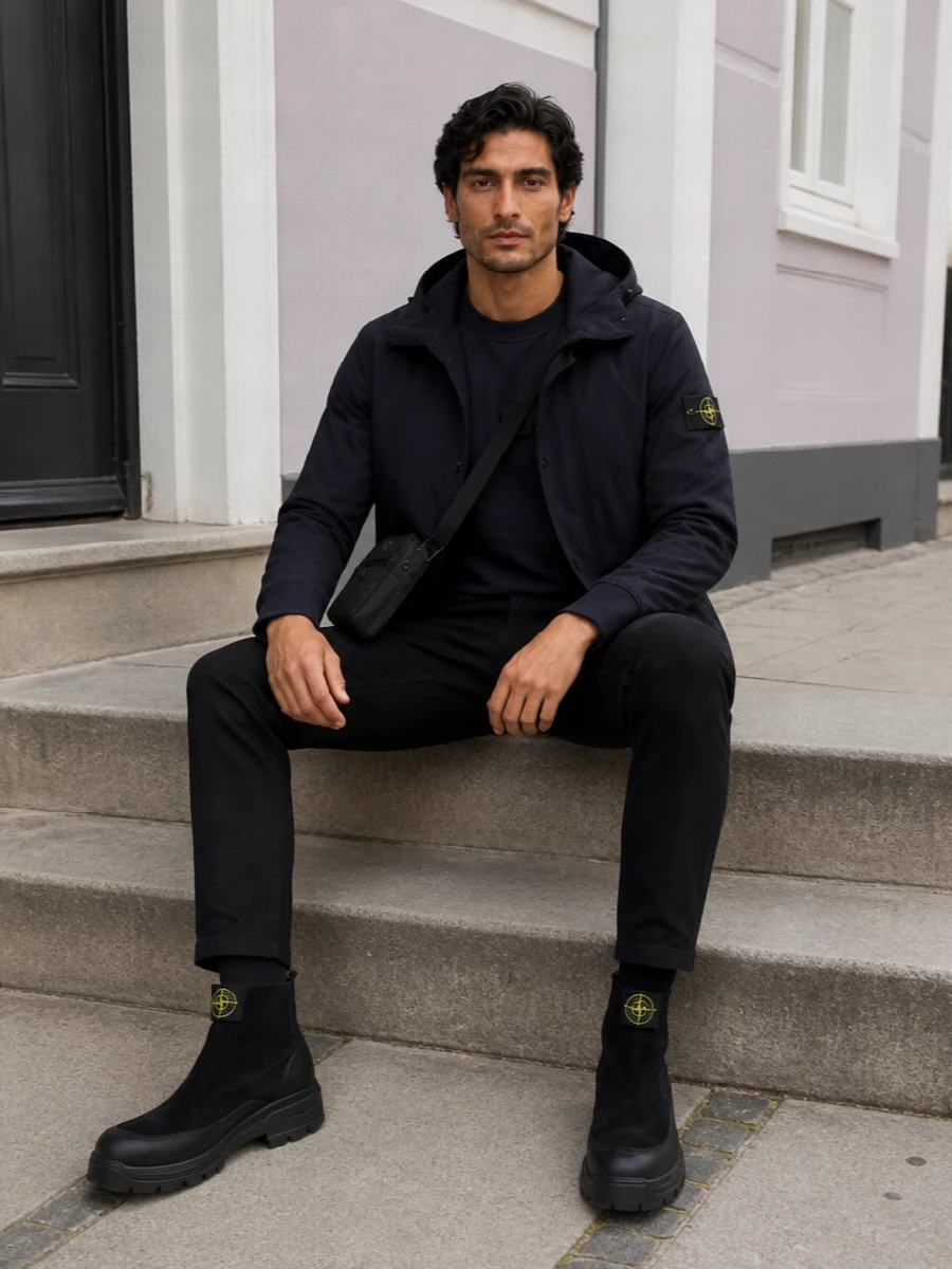 Stone island navy jacket black jeans outfit