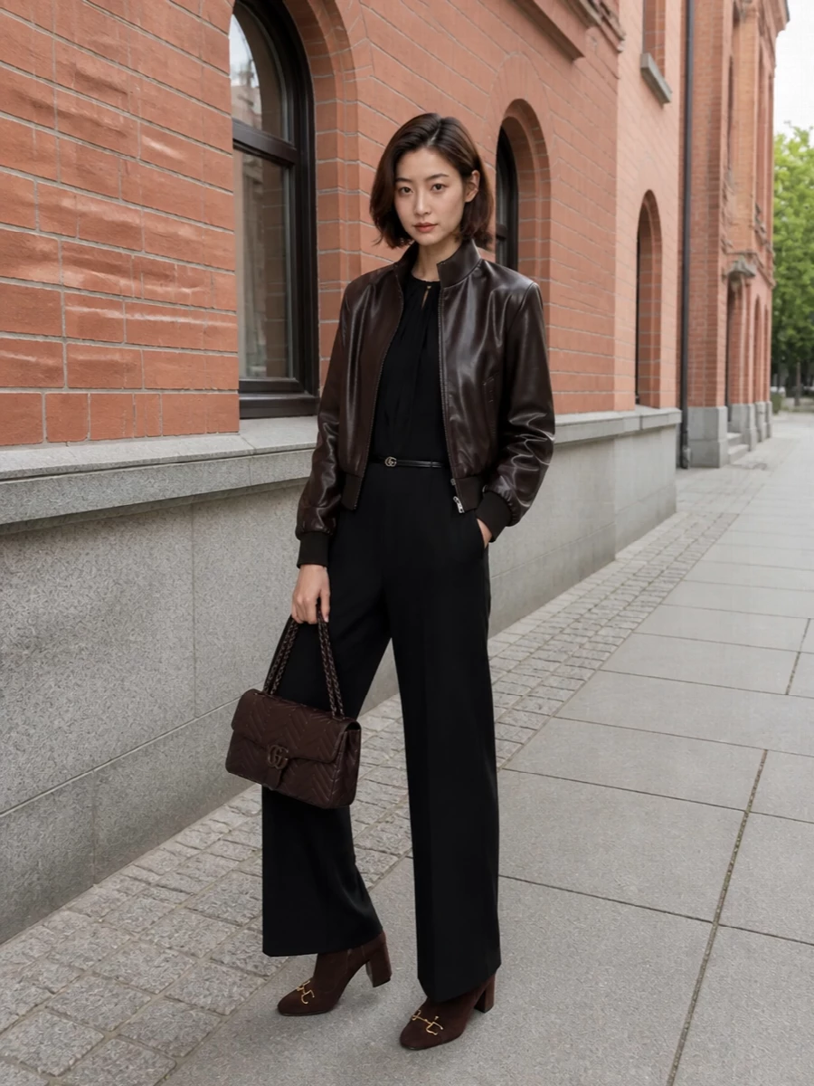 Gucci bomber black jumpsuit brown ankle boots