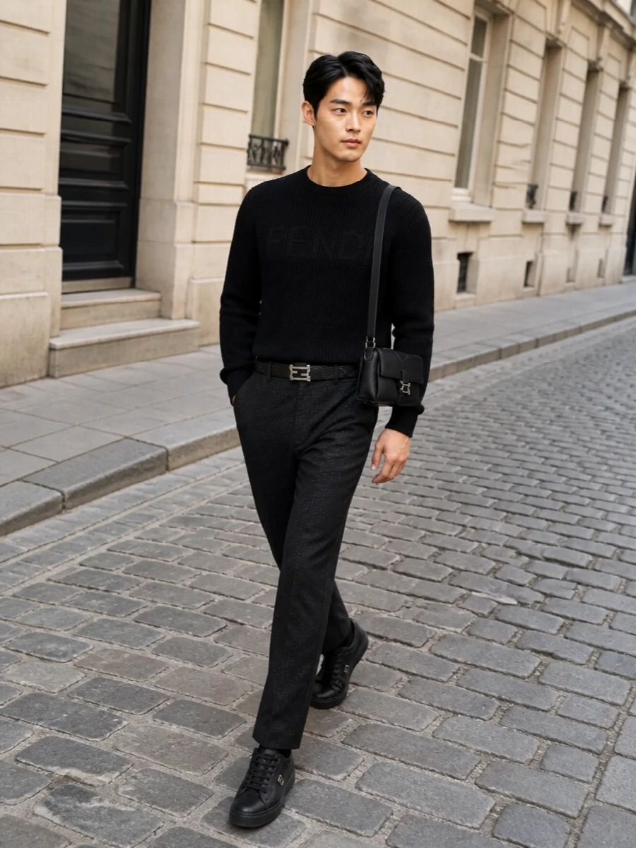Fendi ribbed crewneck charcoal trousers outfit