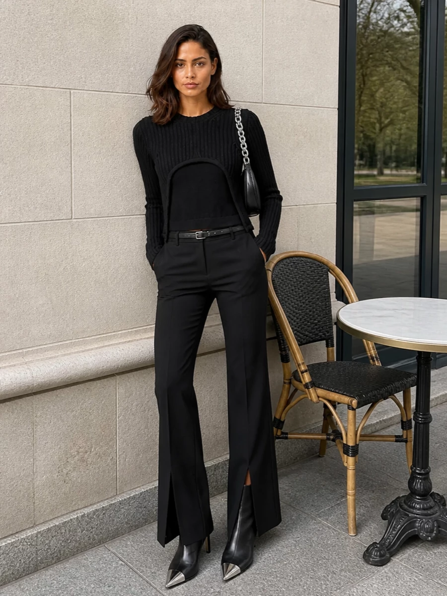 Off white black trousers cut out knit ankle boots