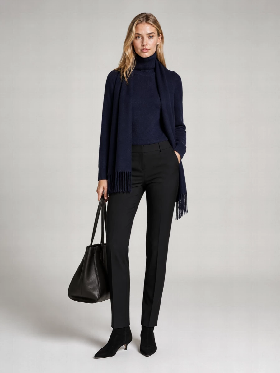 Deep navy and precise black tailoring combine for a calm, quietly authoritative ensemble that works from meetings through late dinners. The slim, high-waist trouser and pointed boot create an uninterrupted, elongated line under the softly structured turtleneck. A sculpted black tote and inky scarf keep the focus on proportion and texture rather than detail.
