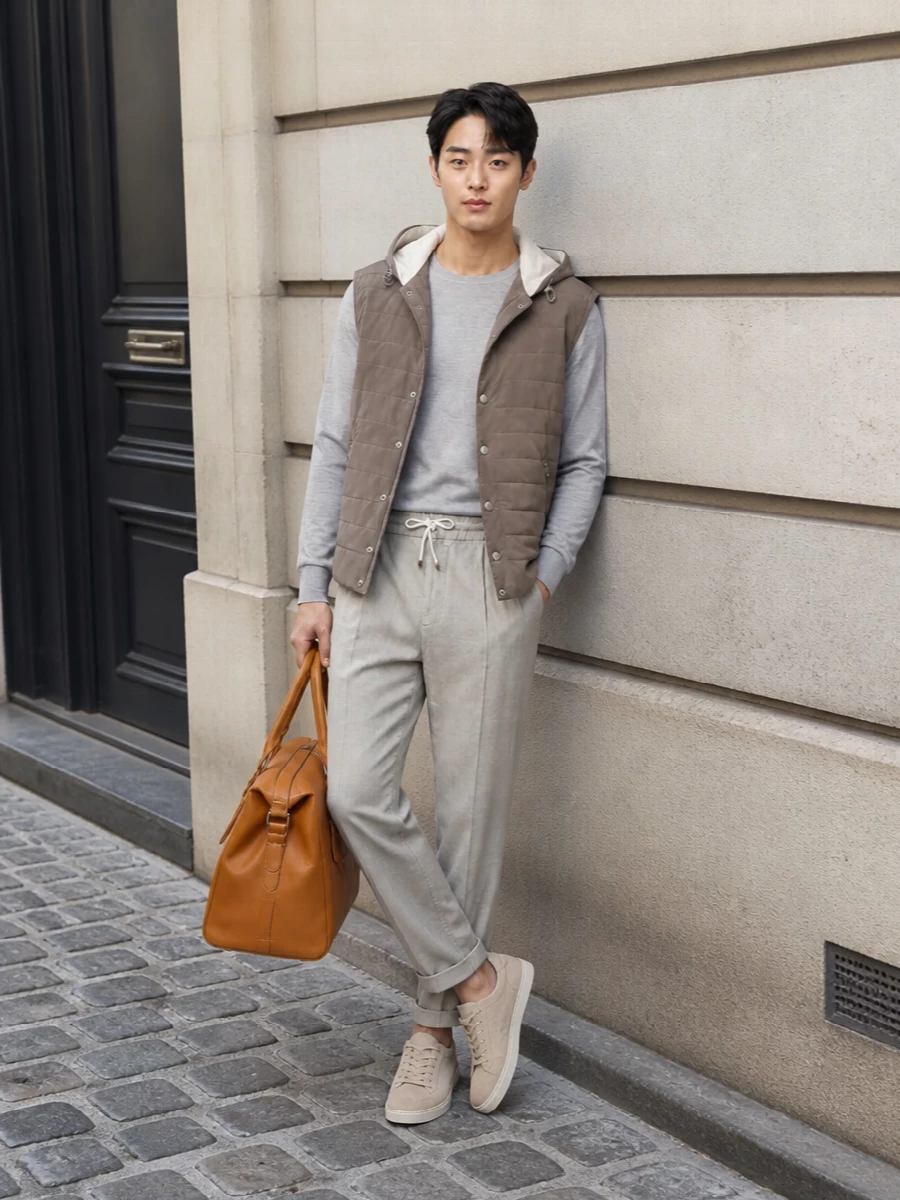 This look frames the taupe Cucinelli hooded gilet with a light grey fine-gauge crewneck and stone drawstring trouser for a softly tailored, athleisure-inflected silhouette. Sand suede sneakers keep the palette airy and cohesive, while the cognac weekender injects rich leather warmth, making it an ideal quietly luxurious travel or city-weekend uniform for spring–summer.