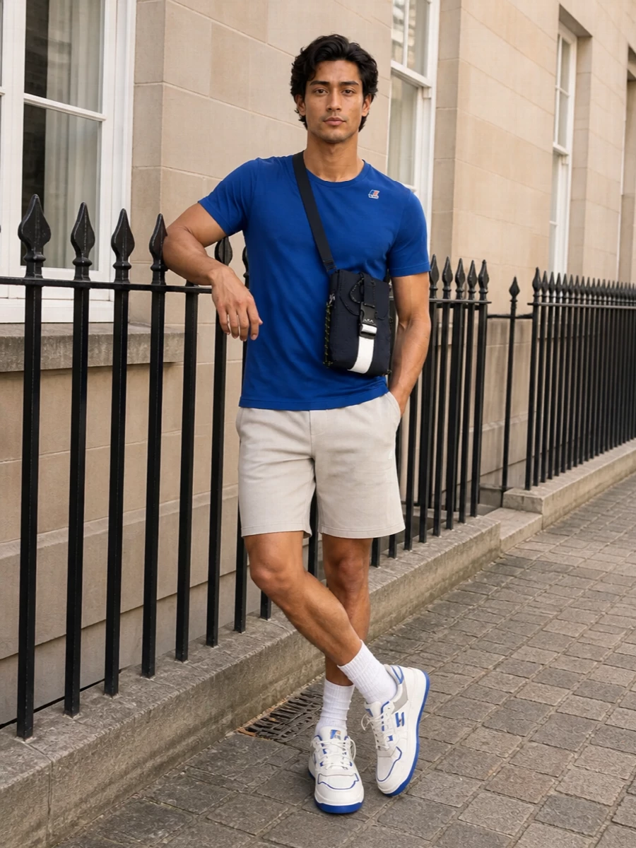 K way cobalt t shirt stone shorts sneakers